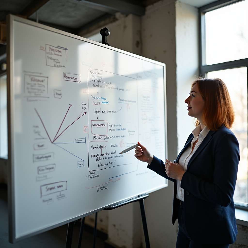 Planowanie strategii treści na tablicy z notatkami i diagramami